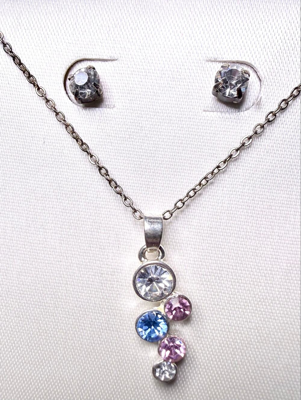 Pink Blue & Clear Crystal Bubble Necklace & Stud Earring Set NIB